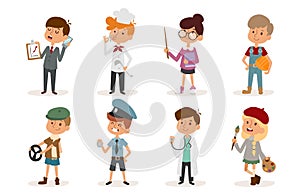 Cartoon profession kids children vector set illustration person childhood painter sportsman chef builder policeman