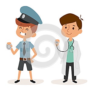 Cartoon profession kids children vector set illustration person childhood policeman doctor uniform worker character