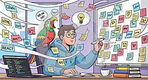 Cartoon Programmer with Parrot and Sticky Notes