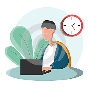 Cartoon programmer at work. Web developer working on laptop in the office. Programming concept. The process of creating