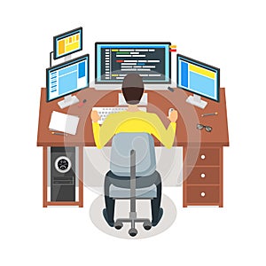 Cartoon Programmer Writes Code Workspace Concept. Vector