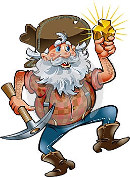 Cartoon prospector with gold nugget and pickaxe