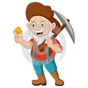 Cartoon prospector holding gold nugget and pickaxe