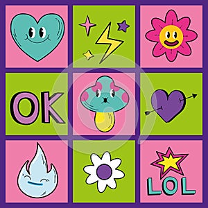 Cartoon psychedelic shapes. Abstract comic characters and shapes with vintage clip art faces. Vector square banners set