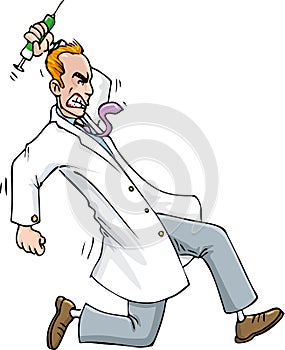 Cartoon of Psycho doctor running with a syringe