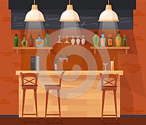 Cartoon pub counter. Bar interior inside cafe or nightclub, bartender table closeup, alcohol beverage liquor wine on