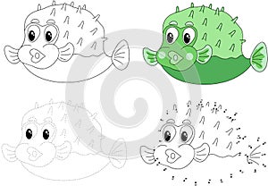 Cartoon pufferfish. Vector illustration. Dot to dot game for kid