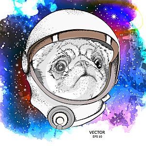 A cartoon pug in an astronaut`s space suit. Character in space. Vector illustration