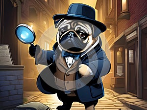 Cartoon pug detective with magnifying glass on a mysterious foggy street.