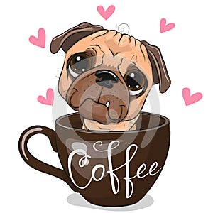 Cartoon Pug Dog is sitting in a Cup of coffee