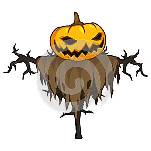 Cartoon pumpkin scarecrow in rags of clothes