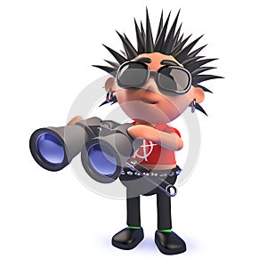 Cartoon punk rocker character using a pair of binoculars in 3d