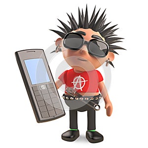 Cartoon punk rocker has an old cellphone, 3d illustration