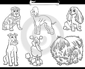 Cartoon purebred dogs comic characters set coloring book page