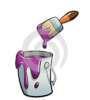 Cartoon purple color paint in a paint bucket painting with paint