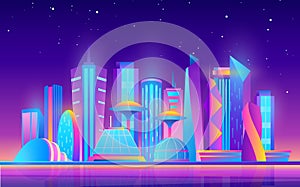 Cartoon purple future modern cityscape with town building skyscrapers and neon glow city lights, stars in sky, urban