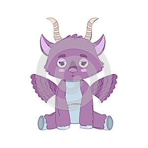 Cartoon purple little monster with wings and horns
