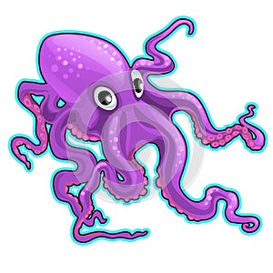 Cartoon purple octopus. Inhabitants of the seas and oceans isolated on white background. Vector cartoon close-up