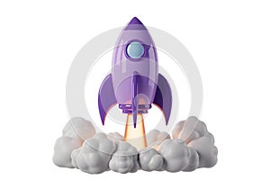 Cartoon Purple Rocket Launching with Clouds and Fire