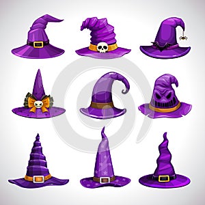 Cartoon purple witch hats, fantasy caps icons set. Wizard hat collection.