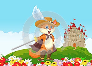 Cartoon Puss in boots with castle background