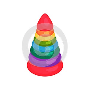 Cartoon pyramid of colorful plastic rings. Toy for toddlers or preschool children. Educational game. Learning through