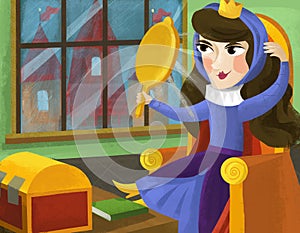 Cartoon queen or princess in castle looking in mirror illustration