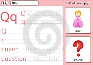 Cartoon queen and question. Alphabet tracing worksheet