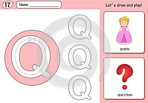 Cartoon queen and question. Alphabet tracing worksheet: writing