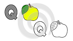Cartoon quince fruit and letter Q coloring book
