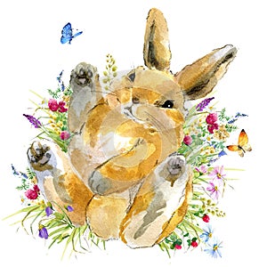 Cartoon rabbit. forest animal illustration. cute watercolor hare. Little rabbit in the garden