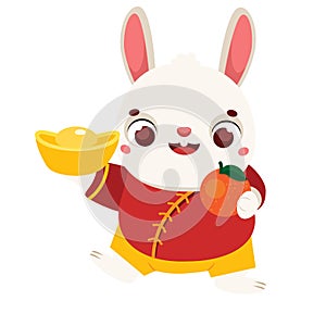 Cartoon rabbit with golden boat yuanbao ingot and tangerines. Happy Chinese new year celebration bunny character for 2023
