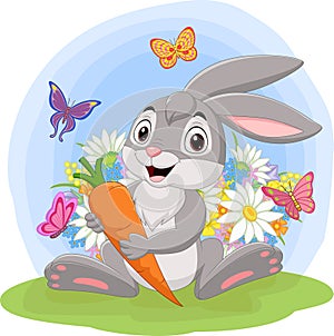 Cartoon rabbit holding a carrot in the grass