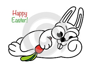 Cartoon rabbit is lying and eating a carrot. Contour design of an easter bunny. Symbol for web sites on a white background