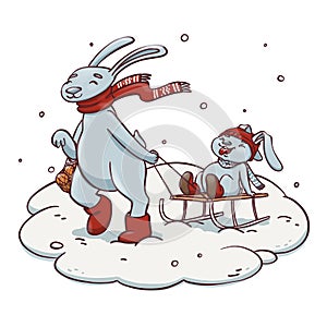 Cartoon rabbit pulling sledge with baby rabbit. Cute hand drawn illustration of family and winter activity with sledging, snowfall