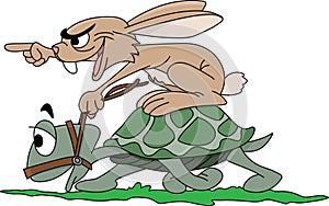 Cartoon rabbit riding a turtle encouraging his partner to be faster vector photo