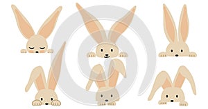 Cartoon rabbit set. Cute peeking bunny elements with paws, ears and faces. Easter funny bunnies muzzle and head.