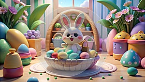 A cartoon rabbit is sitting in a basket full of Easter eggs