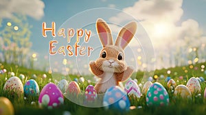 A cartoon rabbit is standing in a field of Easter eggs. The image is cheerful and playful, with the rabbit being the