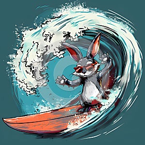 Cartoon rabbit with sunglasses surfing a wave on a watercraft photo