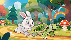Cartoon illustration of a rabbit and a turtle running along a forest path.