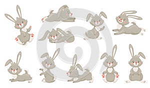 Cartoon rabbits, cute baby bunny, gray fluffy hare. Easter bunnies in different poses, adorable rabbit, wildlife or farm