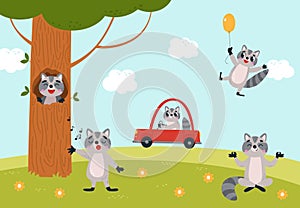 Cartoon raccoons rest on meadow. Funny raccoon driving car, flying balloon and sing. Woodland animals, childish nature