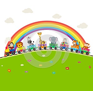 Cartoon railway train with jungle animals with rainbow