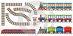 Cartoon railway and train. Set of cartoon trains. Vector illustration photo