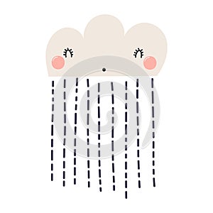 Cartoon rain cloud with kawaii face hand drawn character illustration.