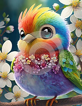 Cartoon rainbow bird white floral background