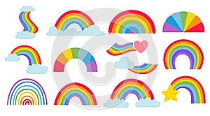 Cartoon rainbow collection, colored arcs weather set