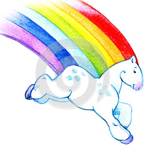 Cartoon rainbow horse running across the sky watercolor illustration