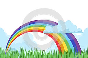 Cartoon rainbow landscape with grass and clouds
